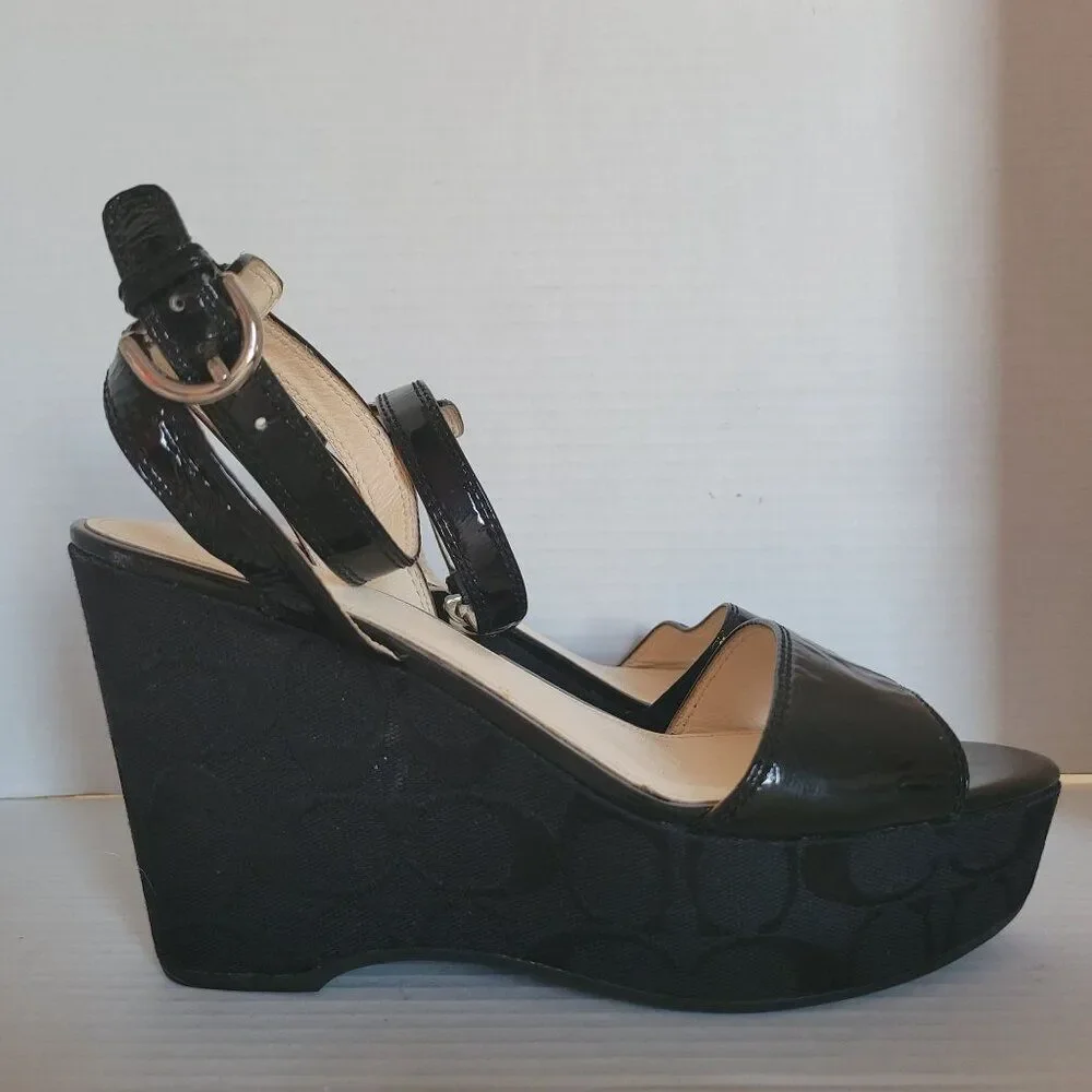 Coach Wedge Heels Sandals Platform Black Patent Leather Nalene Women's Woman's 7